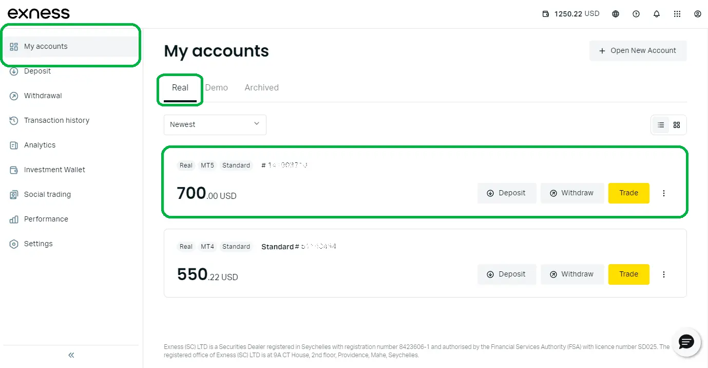 更改 Exness 杠杆的说明 - 第二步，选择交易帐户