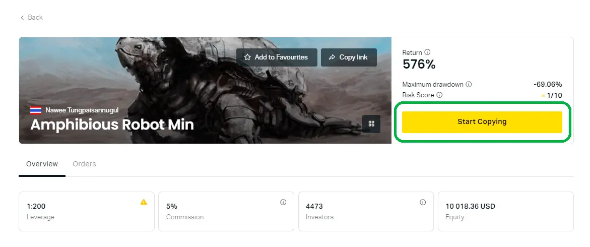 社交交易 Exness，选择黄金策略的说明 - 若条件正确，请点击开始复制按钮