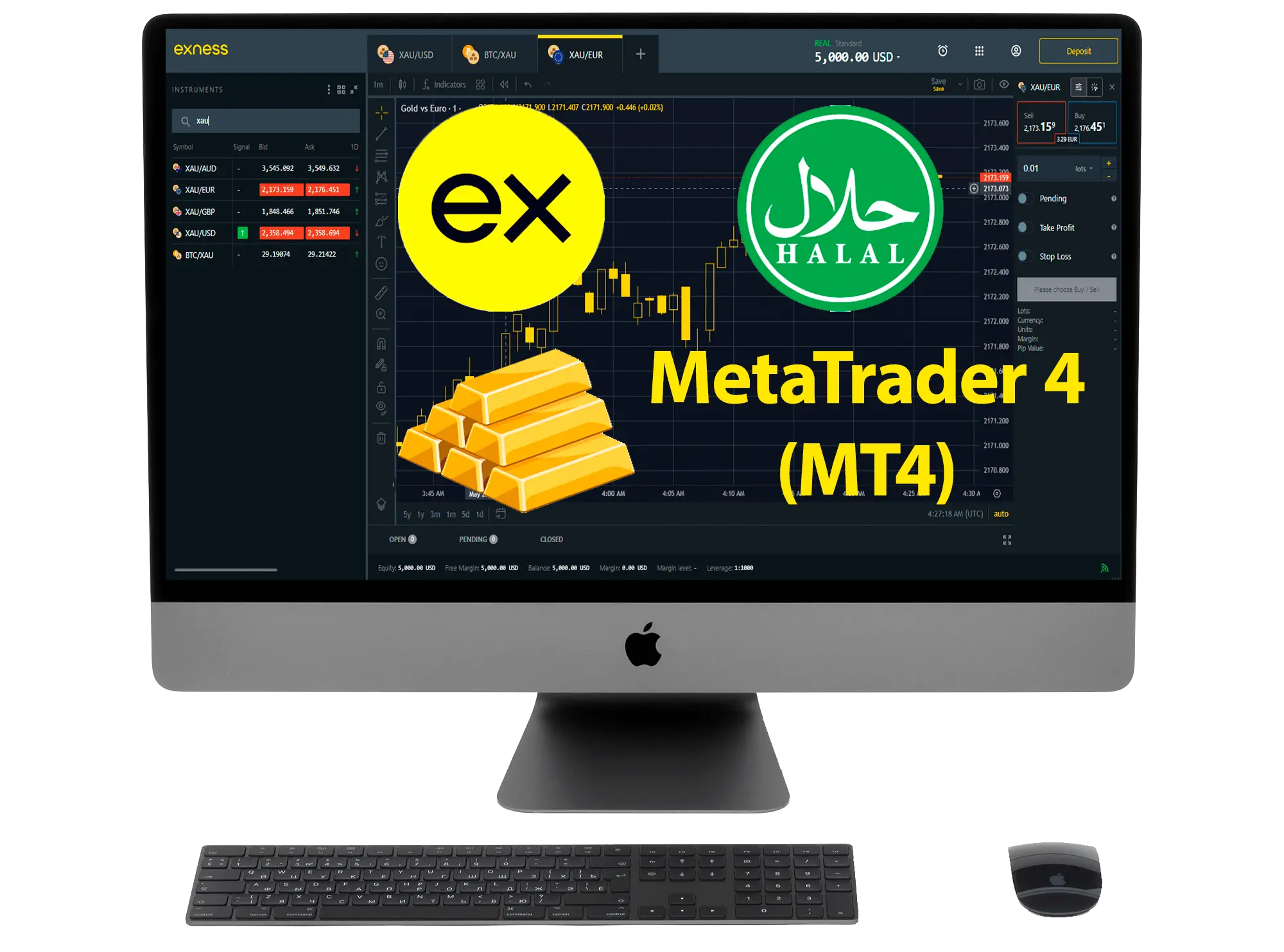 一颗苹果电脑和一个带有 EX 和清真标志的 Exness 平台，以及黄金和 MetaTrader 4